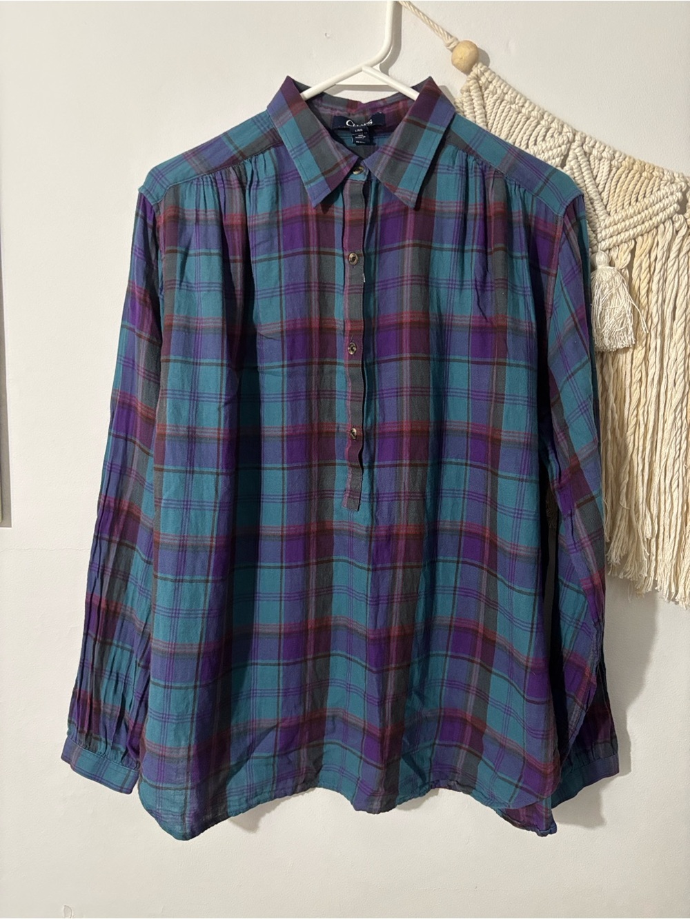 Chaps Teal & Purple Plaid Half-Button Popover Shirt
